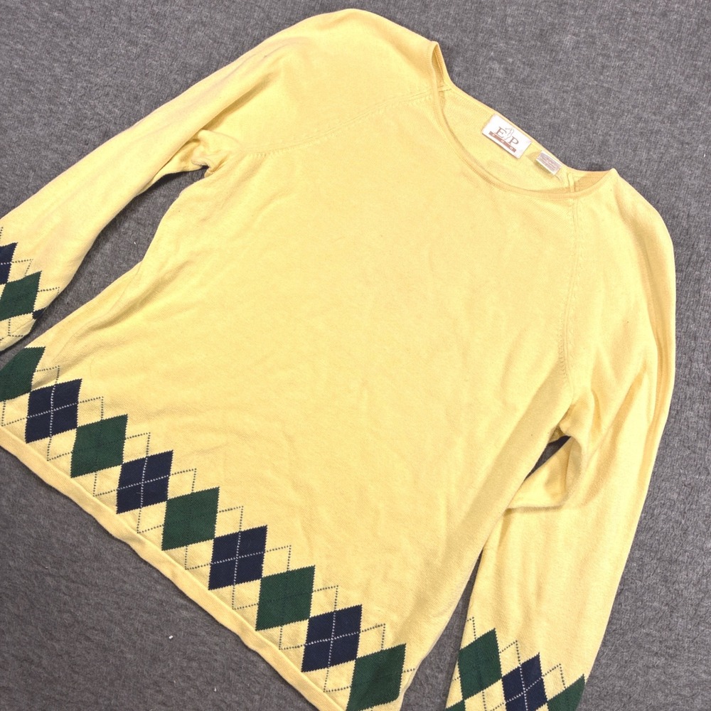 EP Pro Sweater Women Large Yellow Argyle Hem Long Sleeve Cotton Raglan Golf‎